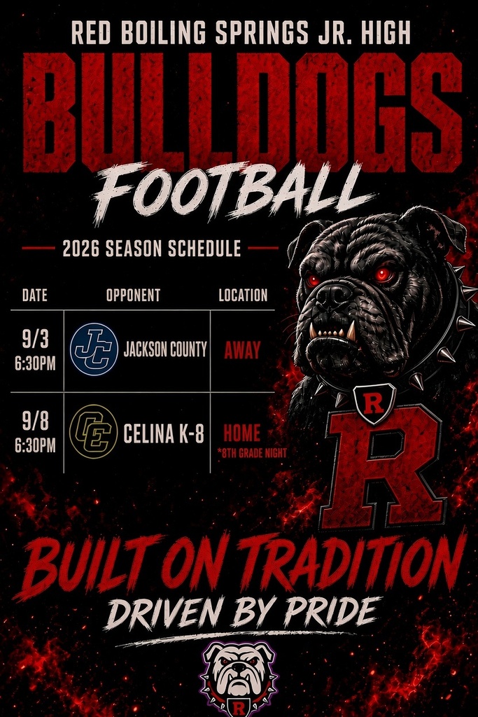 🏈 UPDATED 2026 FOOTBALL SCHEDULES ARE HERE! 🏈  Bulldog Nation, mark your calendars and get those stadium chairs ready! Both our Jr. High and High School football schedules have been updated for the 2026 season.  Check out the graphics below for full game details, special event nights, and kickoff times. Here are a few key dates you won't want to miss:  Jr. High Bulldogs:  🗓️ 9/3 @ 6:30 PM – Away vs. Jackson County  🗓️ 9/8 @ 6:30 PM – HOME vs. Celina K-8 (8th Grade Night)  High School Bulldogs:  🗓️ 8/21 @ 7:00 PM – Season Opener HOME vs. Grundy County  🗓️ 9/25 @ 7:00 PM – HOMECOMING vs. Sale Creek*  🗓️ 10/23 @ 7:00 PM – SENIOR NIGHT vs. Gordonsville  Come out and support our boys as they hit the gridiron. Let’s pack the stands and show everyone what Bulldog pride is all about! 🔴⚫  BUILT ON TRADITION. DRIVEN BY PRIDE.  #RBSBulldogs #BulldogPride #RBSFootball #FridayNightLights #TennesseeHighSchoolFootball #BulldogNation