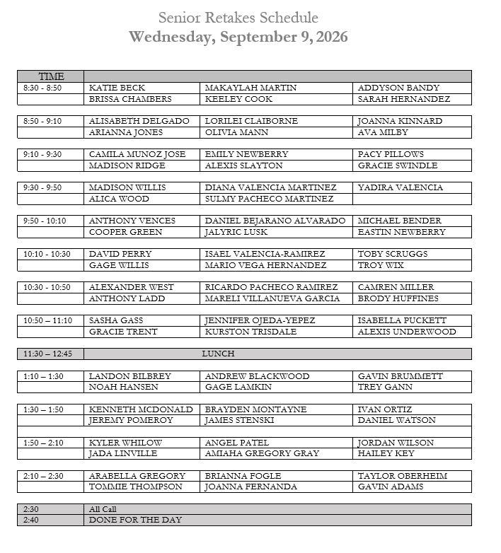 Picture of Senior Retake Schedule
