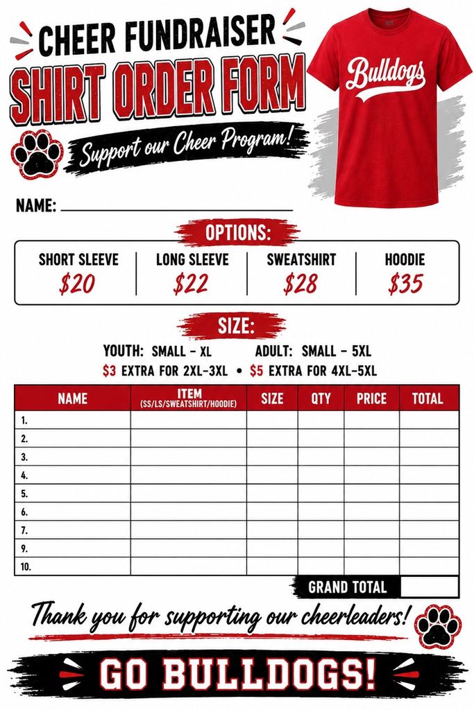 📣🐾 RBS CHEER FUNDRAISER — BULLDOG SHIRTS! 🐾📣 The Red Boiling Springs School Cheerleaders are selling Bulldogs shirts as a fundraiser for our cheer program! ❤️🖤🤍 Show your Bulldog Pride while supporting our RBS Cheerleaders! Shirts are available in youth and adult sizes with several styles to choose from: 👕 Short Sleeve — $20 👕 Long Sleeve — $22 ❤️ Sweatshirt — $28 🐾 Hoodie — $35 Youth Sizes: Small–XL Adult Sizes: Small–5XL ➕ $3 extra for 2XL–3XL ➕ $5 extra for 4XL–5XL 🚨 ORDERS & MONEY ARE DUE THIS FRIDAY, AUGUST 28 AT 3:00 PM! 🚨 To place an order: 🐾 See any RBS cheerleader in grades 6–12 📧 Email Coach Krystal Todd at toddk00@maconcountyschools.org 🏫 Order forms and payment may also be dropped off at the RBS School office 📦 Shirts are expected to arrive approximately two weeks after all orders are placed, around September 11. Thank you for supporting our RBS Cheerleaders and Cheer Program! Every shirt purchased helps support our team, and we truly appreciate our Bulldog community! ❤️🐾 📢 PLEASE SHARE, SHARE, SHARE! Help us spread the word by sharing this post with your family, friends, coworkers, former Bulldogs, and anyone who loves RBS! ❤️🖤🤍 GO BULLDOGS! 🐾📣