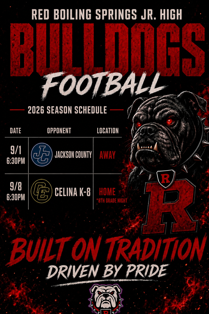🏈 UPDATED RBS JR. HIGH FOOTBALL SCHEDULE! 🏈 Bulldog fans, we have an updated game schedule! 📣 Please take note of the new date for our Jackson County game: 📅 Tuesday, September 1st ⏰ 6:30 PM 📍 AWAY at Jackson County Our next home game is: 📅 Tuesday, September 8th ⏰ 6:30 PM 📍 HOME vs. Celina K-8 🎉 8th Grade Night! Make sure you save the updated schedule and come out to support our RBS Jr. High Bulldogs! 🐾🏈 BUILT ON TRADITION. DRIVEN BY PRIDE. ❤️🖤 #RBSBulldogs #JrHighFootball #BulldogFootball #BuiltOnTradition #DrivenByPride
