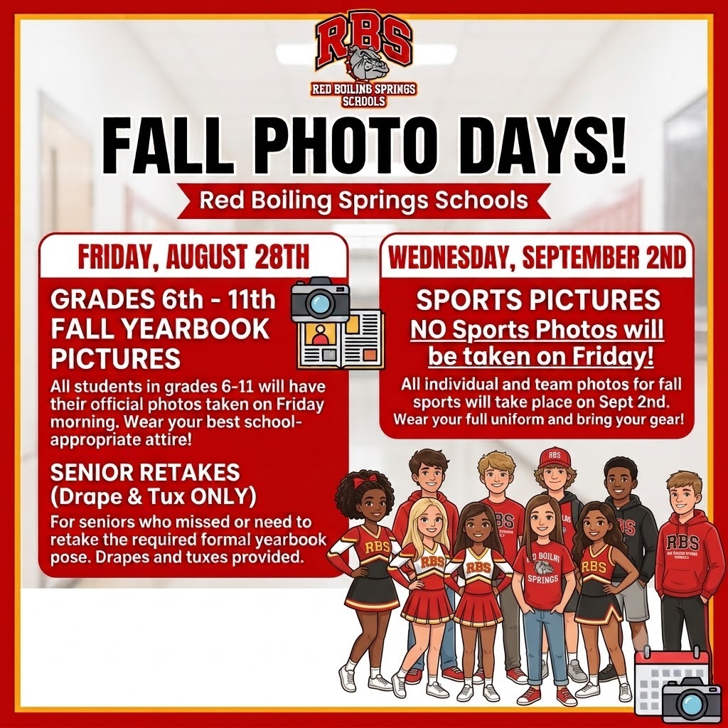 📸 SMILE, RBS! UPCOMING PHOTO DAYS INFO 📸 🗓️ Friday, August 28th Grades 6th – 11th: Fall Yearbook Pictures Senior Retakes: Formal Drape & Tux photos ONLY (drapes and tuxes provided) ⚠️ Please Note: NO sports pictures will be taken on Friday, August 28th! 🗓️ Wednesday, September 2nd Sports Pictures: All sports individual and team photos will be taken on this day. Don't forget your full uniform and gear! Share this post to help spread the word to all RBS parents and students! 🔴⚪