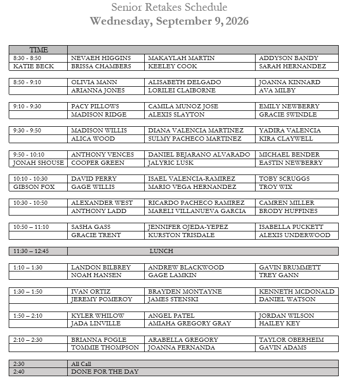 Picture of Senior Retake Schedule