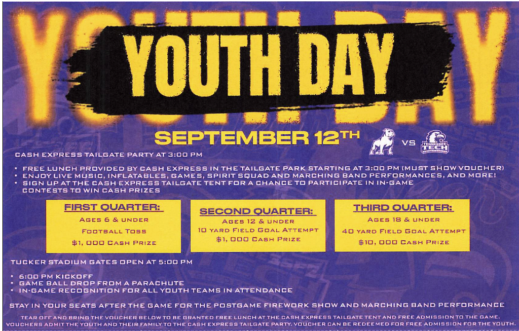 Youth DAy Spetember 12th at Tennessee Tech