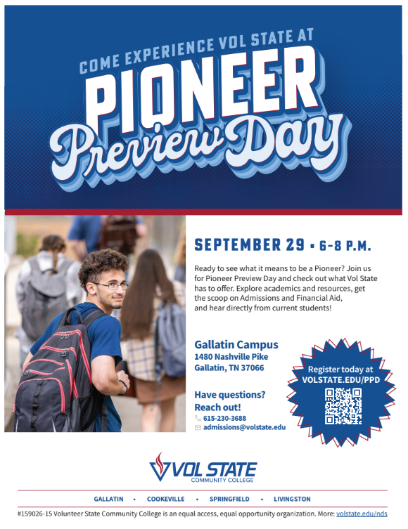 🎓 PIONEER PREVIEW DAY! 🎓  Are you ready to see what it means to be a Pioneer? ❤️  Students and families are invited to Pioneer Preview Day at Volunteer State Community College on September 29 from 6–8 p.m.  Come explore what Vol State has to offer, including:  📚 Academics & Programs 🏫 Campus Resources 📝 Admissions Information 💰 Financial Aid Information 🎓 Hear directly from current students!  This is a great opportunity for students who are considering their future after high school to learn more about Volunteer State Community College and what it has to offer.  📅 September 29 ⏰ 6–8 p.m.  📍 Volunteer State Community College  Come see what your future could look like! Go Pioneers! 🎓
