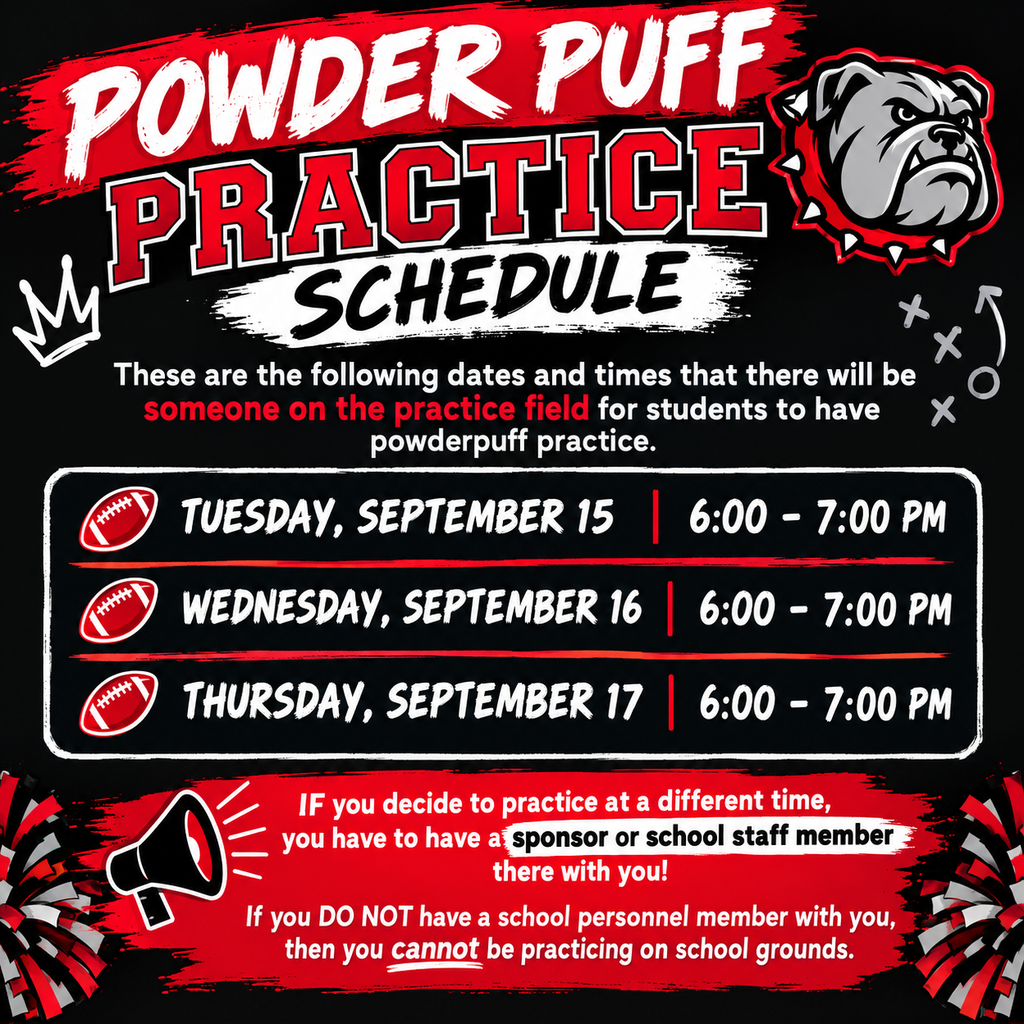 📣 POWDER PUFF INFORMATION & PRACTICE SCHEDULE! 🏈❤️🖤  We’re excited to see our students preparing for this year’s Powder Puff Game! Please read through the information below carefully. We want to make sure everyone is properly registered and that practices remain safe and well-supervised.  🏈 POWDER PUFF PLAYERS  Any girl who plans to play in the Powder Puff game MUST:  Sign up with Mrs. Anderson or Ms. Naramore Turn in a signed parent/guardian permission form Pay the $1 participation fee  ⚠️ You are NOT officially signed up until all three requirements have been completed.  📣 POWDER PUFF CHEERLEADERS  Any boy who plans to cheer for Powder Puff must:  Sign up with Mrs. Anderson or Ms. Naramore Pay the $1 participation fee Complete any other required participation information 🏈 PRACTICE SCHEDULE  There will be someone on the practice field during the following scheduled times:  📅 Tuesday, September 15 | 6:00–7:00 PM 📅 Wednesday, September 16 | 6:00–7:00 PM 📅 Thursday, September 17 | 6:00–7:00 PM  📌 IMPORTANT PRACTICE RULE: If students choose to practice at a different time than the scheduled practices above, they MUST have a sponsor or school staff member present.  Students CANNOT practice on school grounds without school personnel present.  ❤️ PARENTS & FAMILIES  Parents, if you are at practice with your child, we kindly ask that you please stay with your child for the duration of practice.  We absolutely love the extra adult support and supervision! Your presence helps us provide a safer, more positive environment for our students, and we truly appreciate you taking the time to be involved and support them. ❤️  Thank you to our students, parents, sponsors, and staff for working together to make Powder Puff a fun, safe, and successful RBS tradition! 🏈🐾  Let’s have a great Powder Puff season, Bulldogs! ❤️🖤  #RBSBulldogs #PowderPuff2026 #BulldogPride #Homecoming2026 #RBSFamily