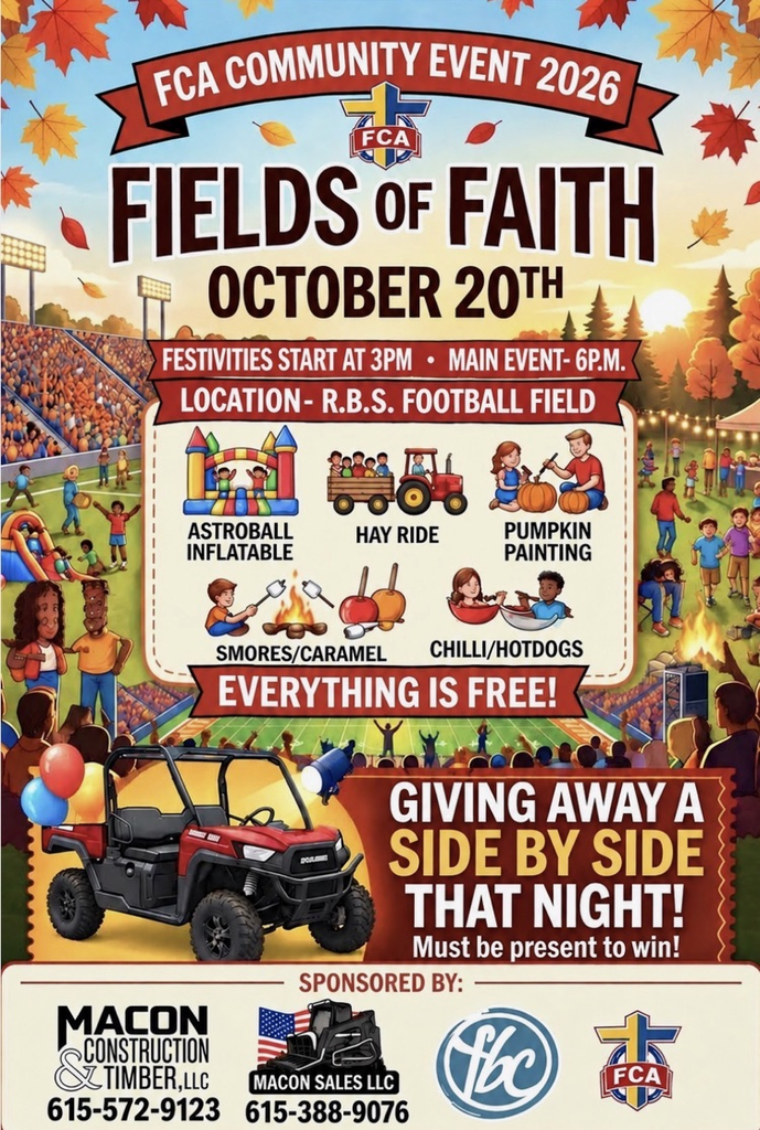 🍂🏈 FCA FIELDS OF FAITH 2026! 🏈🍂 Mark your calendars and bring the whole family for an incredible afternoon and evening of faith, fellowship, food, and FUN! ❤️ 📅 Tuesday, October 20th 📍 RBS Football Field 🎉 Festivities begin at 3:00 PM 🙏 Main Event begins at 6:00 PM There will be something for everyone to enjoy: 🏰 Astroball Inflatable 🚜 Hay Rides 🎃 Pumpkin Painting 🔥 S’mores & Caramel Apples 🌭 Chili & Hot Dogs ✨ And more! ❤️ BEST OF ALL — EVERYTHING IS FREE! ❤️ And you definitely won’t want to miss this… 🚨 A SIDE-BY-SIDE WILL BE GIVEN AWAY THAT NIGHT! 🚨 🎟️ You must be present to win! A huge THANK YOU to the generous sponsors and everyone working behind the scenes to make this community event possible. Your support helps create a special opportunity for our students, families, and community to come together for an evening centered around fellowship and faith. 📣 Please SHARE this post and help us spread the word! Invite your family, friends, neighbors, and church groups—we would love to see our community fill the RBS Football Field! 🍁❤️ We hope to see you October 20th for FCA Fields of Faith 2026! ❤️🍁