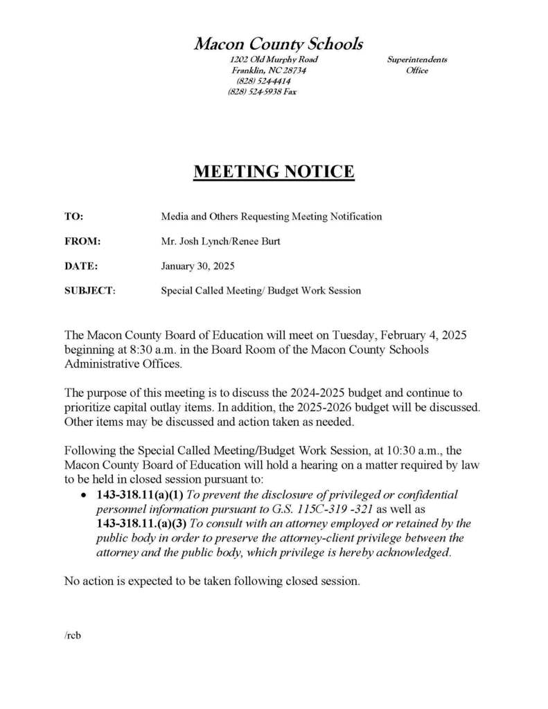 Special Called Meeting Budget Personnel