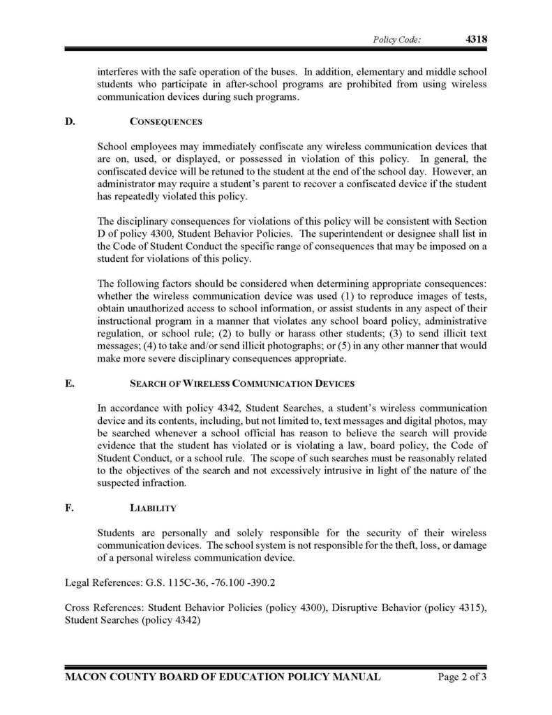 Board Policy 4318 Use of Wireless Communication Devices 