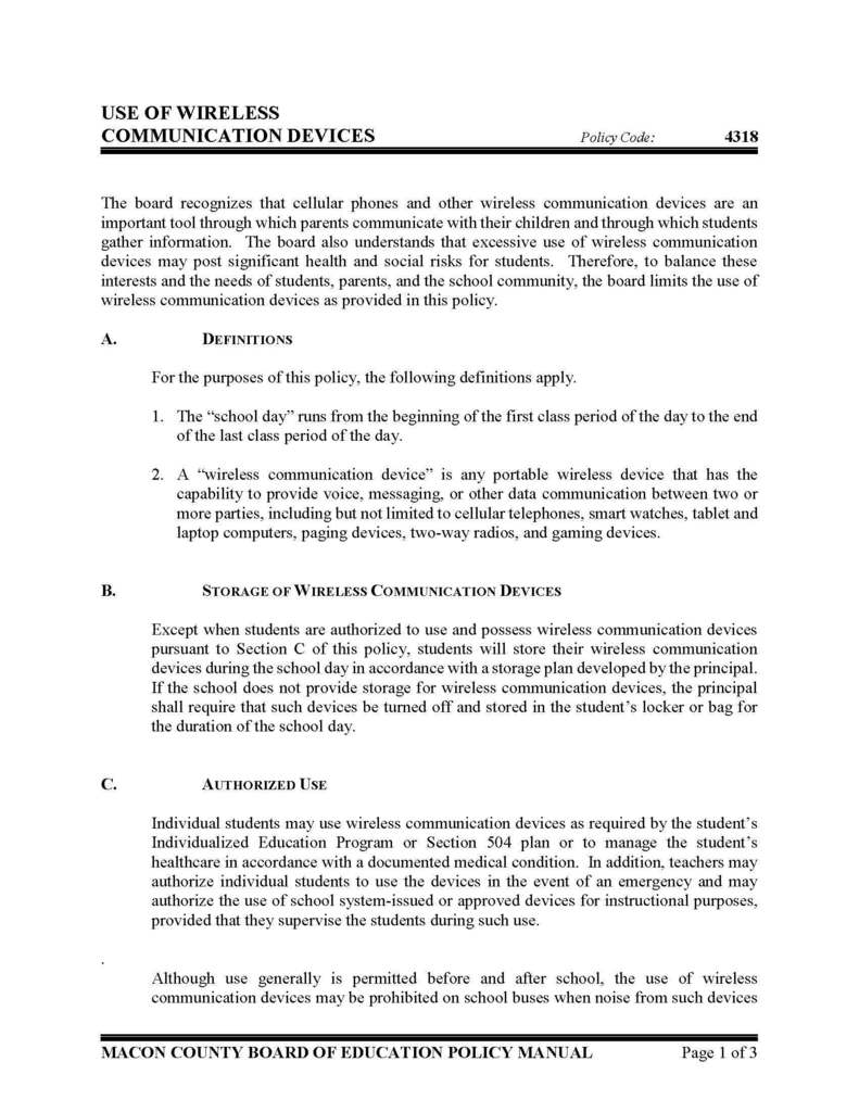 Board Policy 4318 Use of Wireless Communication Devices 