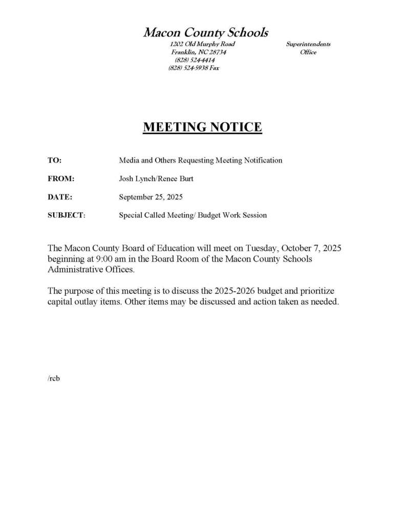 Special Called Meeting Budget Worksession 