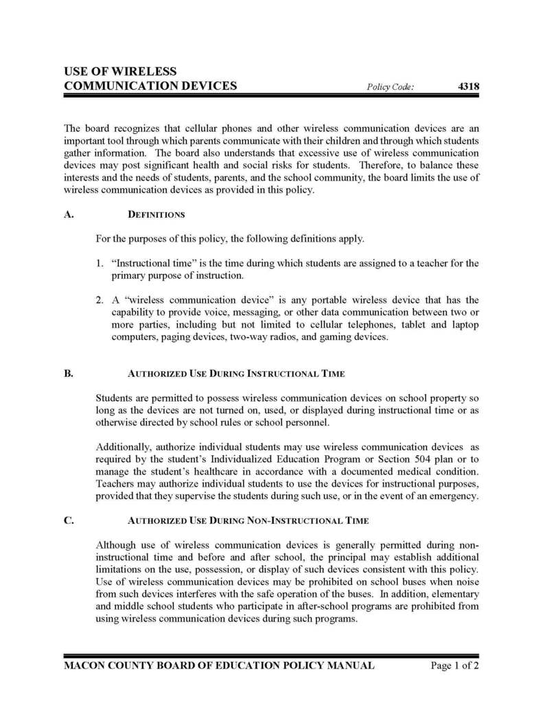 Board Policy 4318 Use of Wireless Communication Devices 