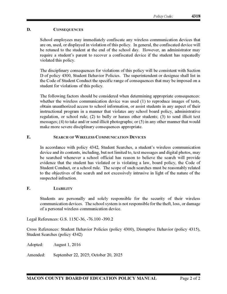 Board Policy 4318 Use of Wireless Communication Devices 