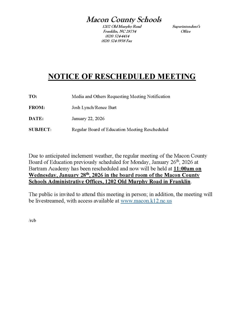 Rescheduled BOE Meeting 