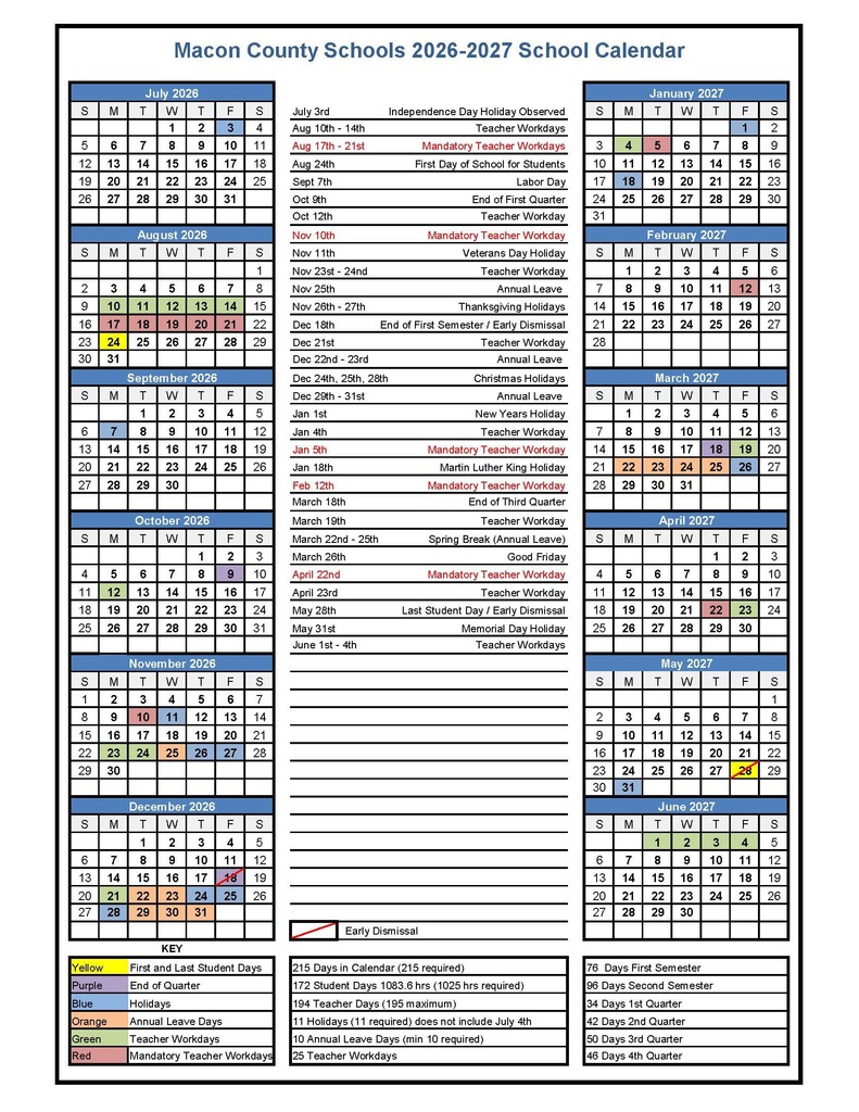 2026-2027 MCS School Calendar 