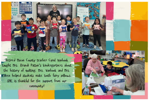Retired Macon County teacher Mrs. Vanhook taught Mrs. Pattons kindergartners about the history of quilting!