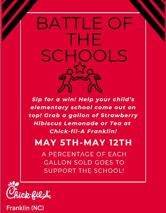 Battle of the Schools at Chick-fil-A on May 5-May 12! A percentage of the strawberry hibiscus lemonade or tea goes to support SME!