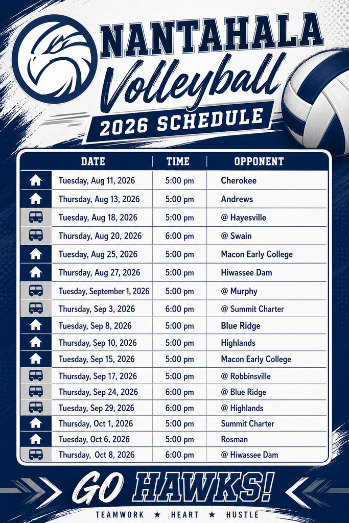 Nantahala School Volleyball 2026 Schedule with the school circle hawk logo and a volleyball