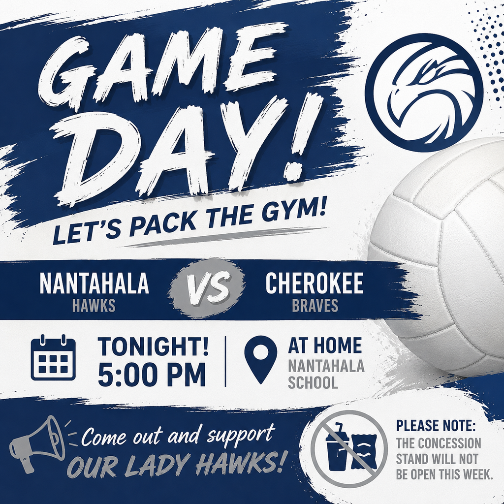 Navy and white game day announcement with Nantahala Hawk logo and volleyball