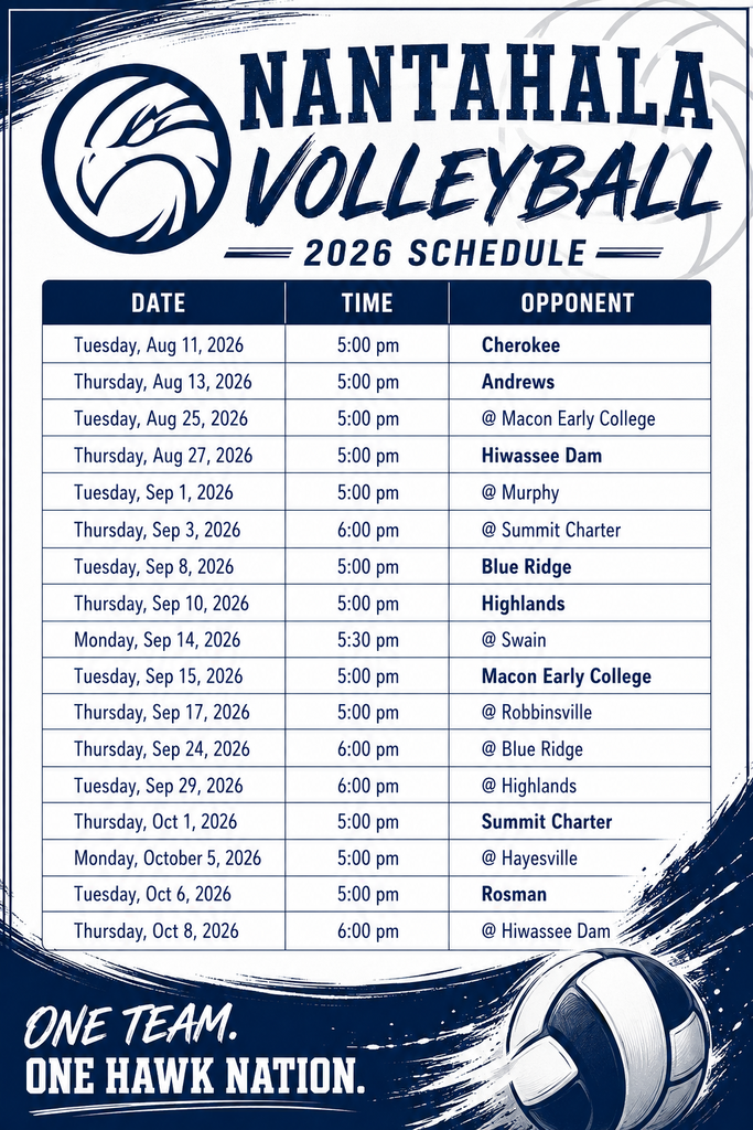 Navy and white flyer with Nantahala Volleyball 2026 schedule