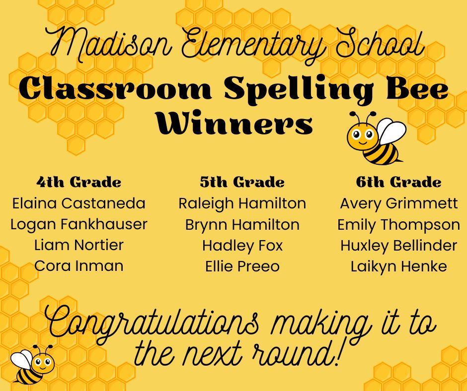 Students in Grades 4-6 participated in their classroom spelling bees this week.  A big congratulations to all of the students moving on the the schoolwide spelling bee.