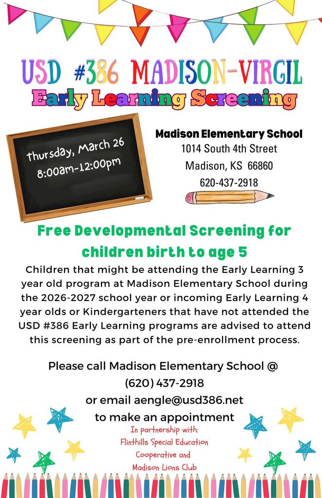 USD #386 will hold its Early Learning Development Screening on Thursday, March 26, 2026.