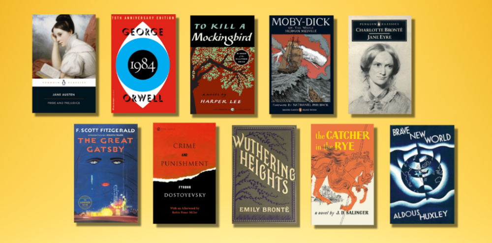 The image shows the front cover of several classic novels.