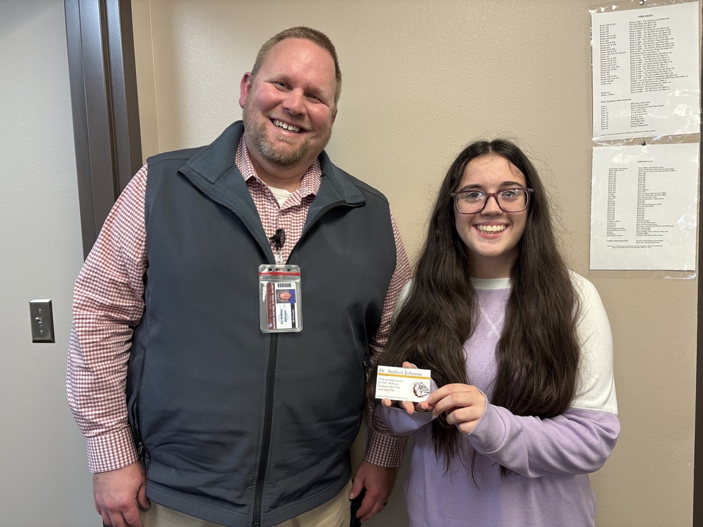 Picture of Principal Johnson's new business card made by Alisha in her Multimedia class.