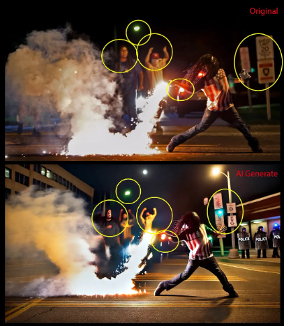David Carson compares an AI "generated" image (bottom) with the  iconic photo from the 2014 Ferguson uprising , shot by photographer Robert Cohen (top).