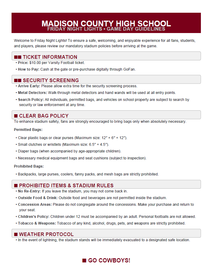 Friday Night Football Guidelines