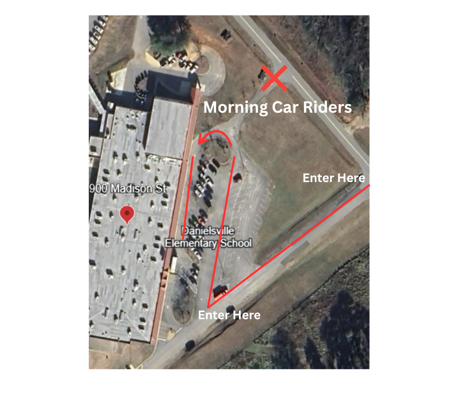 Morning Car Rider Route: Enter from Madison Street and loop through our front parking lot.
