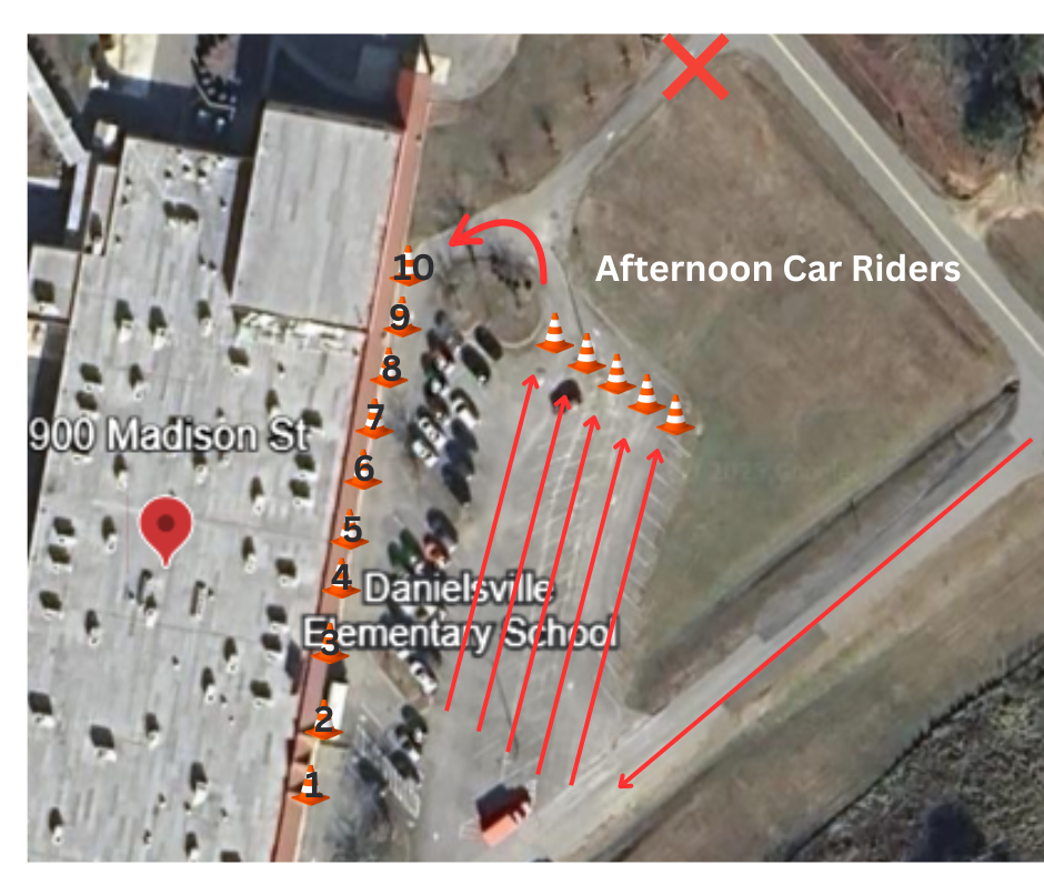 Afternoon Car Rider Route: Enter from Madison Street and go to the appropriate cone as directed by staff. 