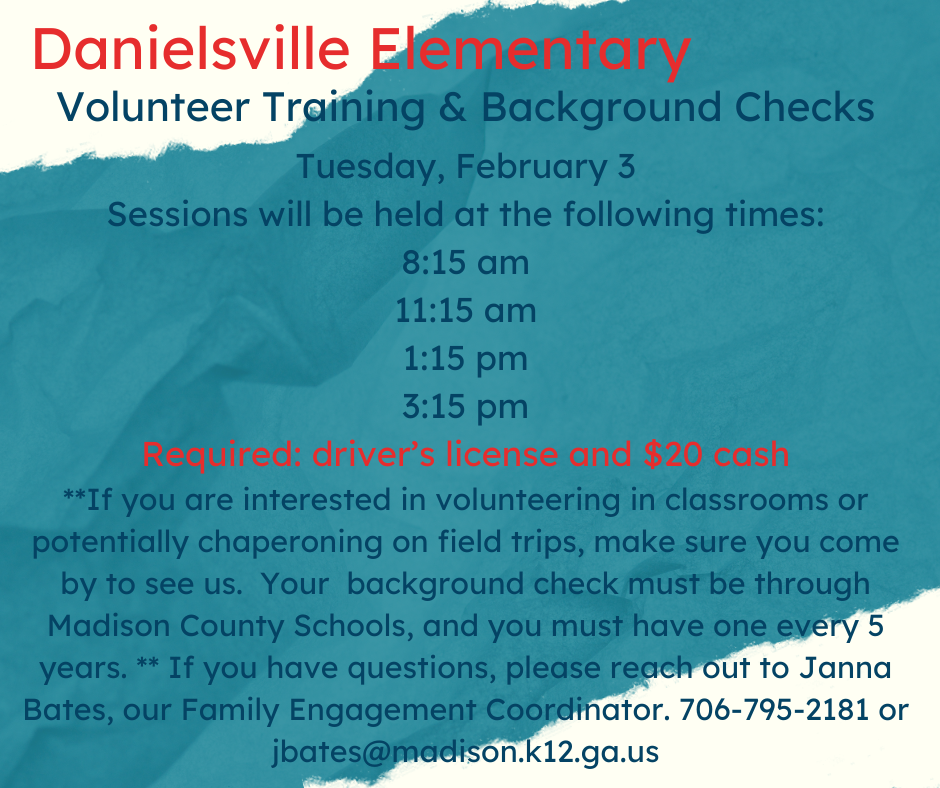 Background Checks and Volunteer Training Sessions offered on Tuesday, Feb. 3rd at 8:15 am, 11:15 am, 1:15 pm, and 3:15 pm.