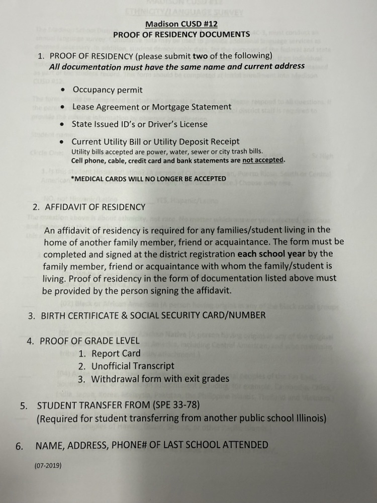 Items Needed for Registration