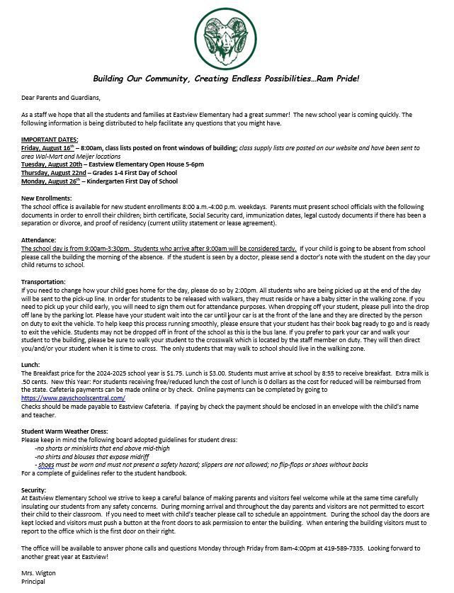 Opening School Year Information