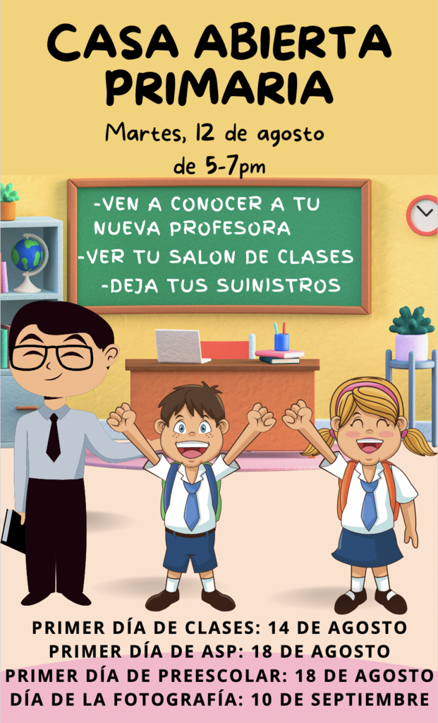 ¡La jornada de puertas abiertas de primaria será el martes 12 de agosto de 5 a 7 pm!