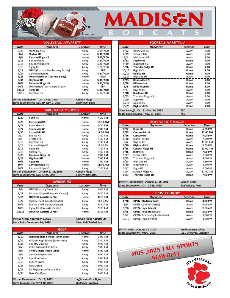 2025 Fall Sports Schedule