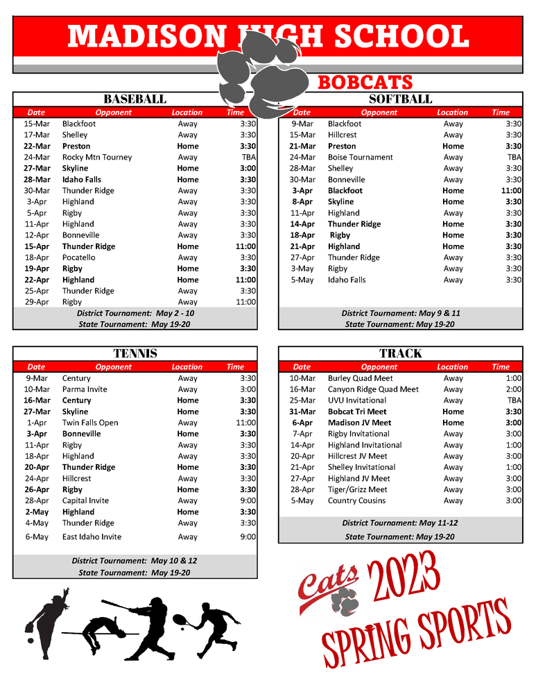 MHS Spring Sports Schedule Madison High School MHS Spring Sports Schedule Madison High School