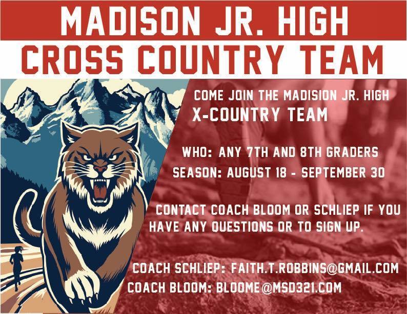 🏃♂️ Join the Madison Jr. High Cross Country Team! 🏃♀️ Who: All 7th–8th Graders Season: August 18th – September 30th If you're interested or have any questions, contact one of the coaches to sign up: Coach Schliep: faith.t.robbins@gmail.com Coach Bloom: bloome@msd321.com