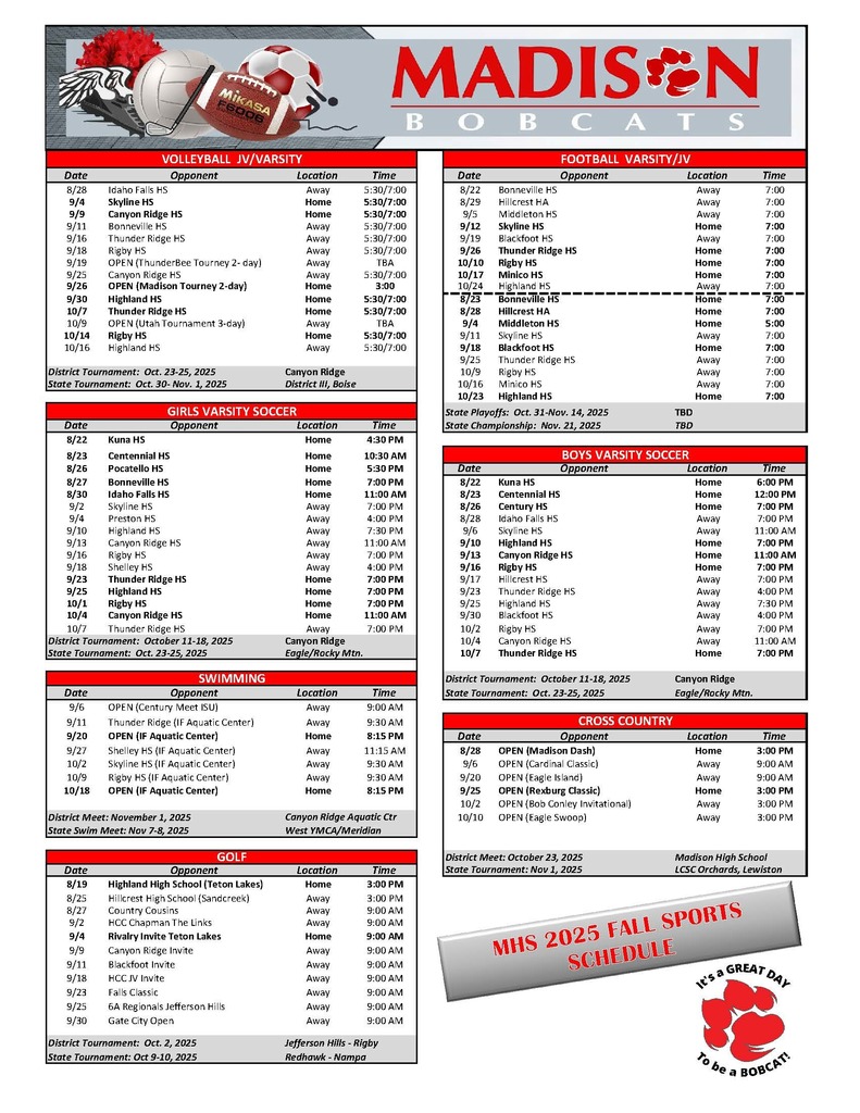 2025 Fall Sports Schedule