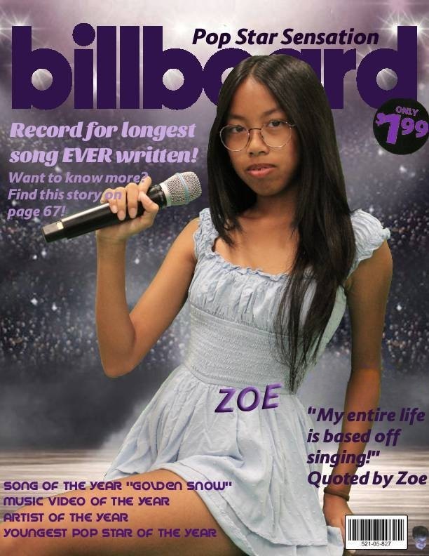 A mockup magazine cover with student Zoe holding a microphone