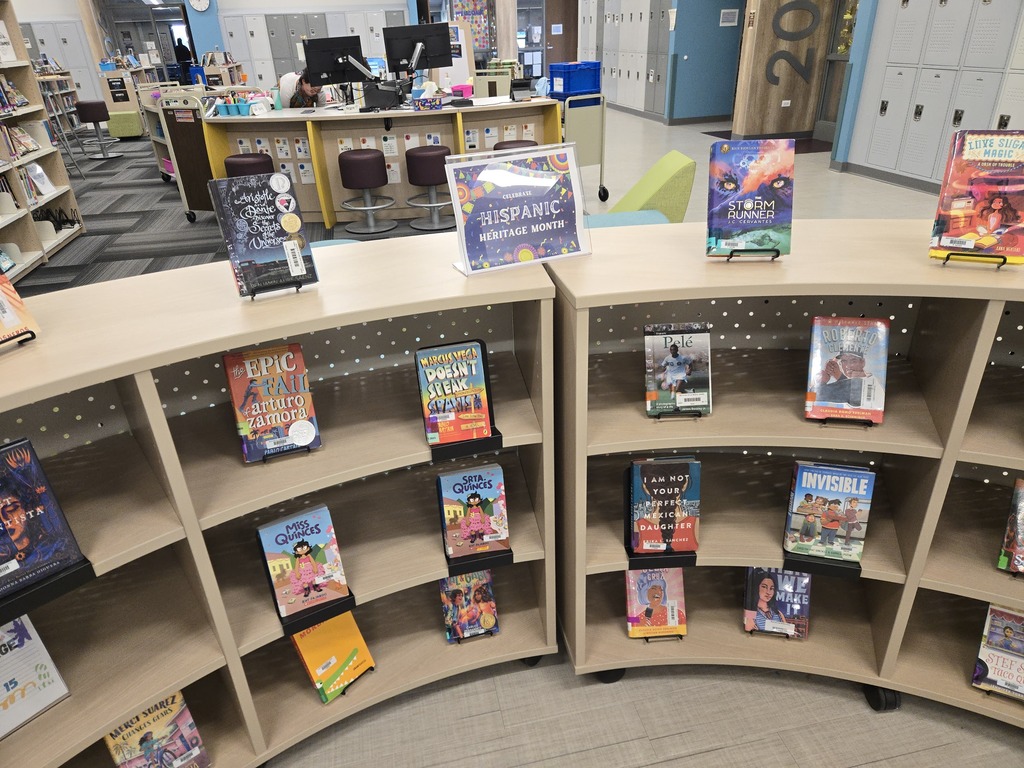 Books on a shelf that are about Hispanic or Latine Heritage or by Hispanic authors