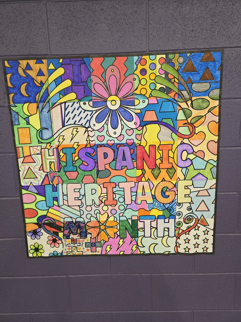 A mosaic piece of art with a lot of color and shapes that reads, "Hispanic Heritage Month"