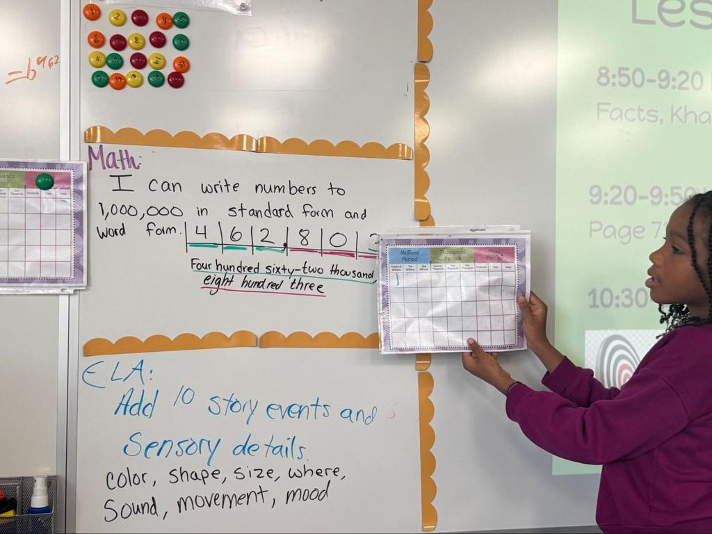 A girl holds up a worksheet to a whiteboard in class