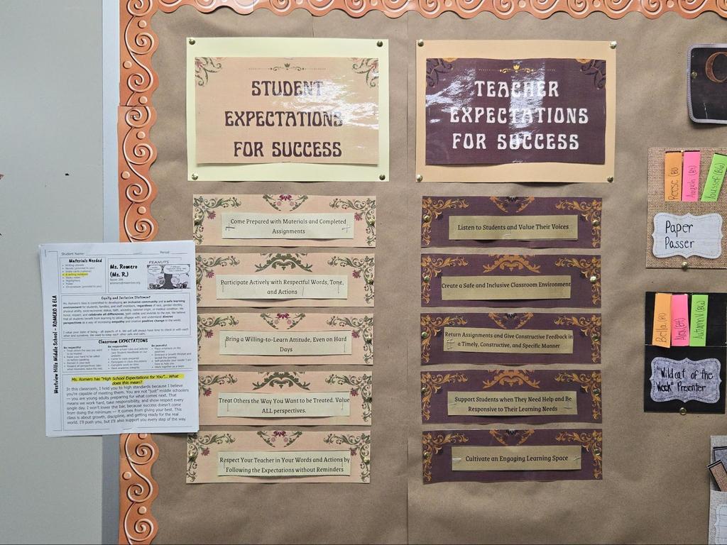 A board in the classroom with Student Expectations for Success and Teacher Expectations for Success