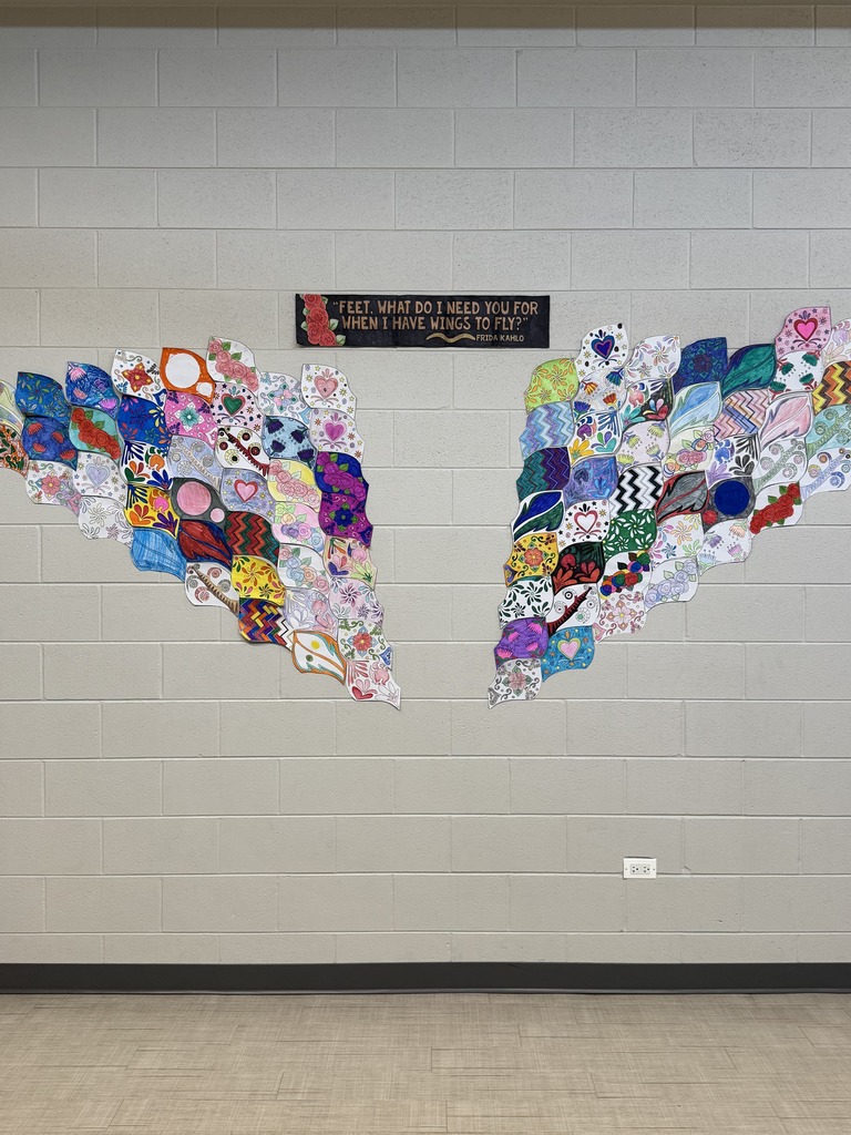 An artwork that looks like wings made u of smaller colorful designed wings