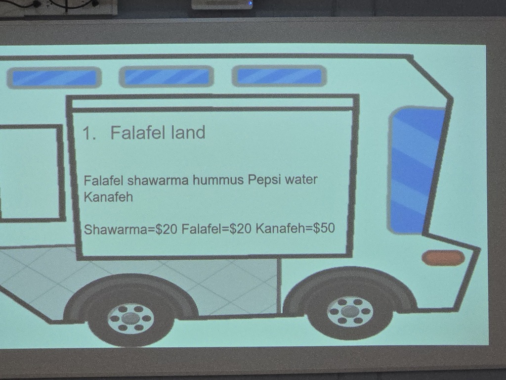 Projected on the board in the classroom is a menu for a mock Falafel Land restaurant
