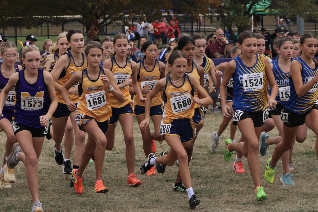 The girls cross country team races