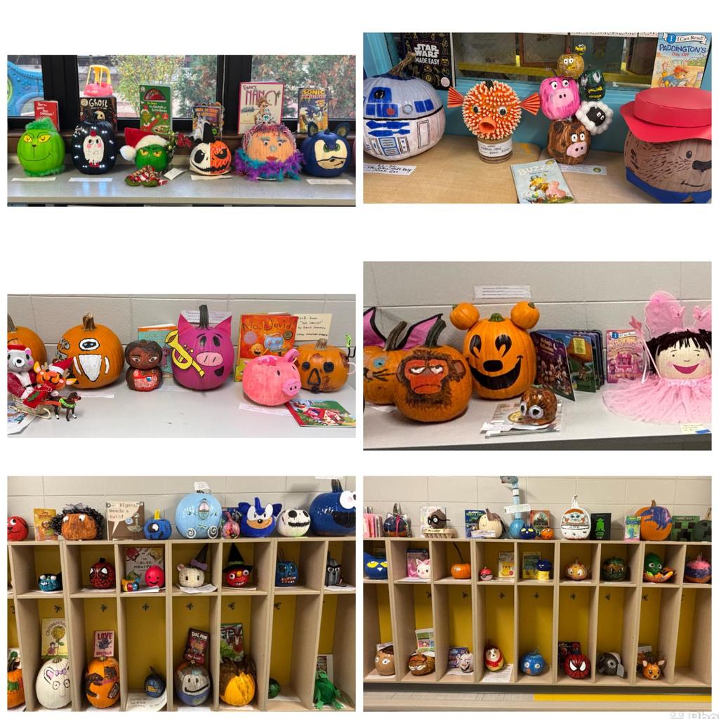 A collage showing a variety of decorated pumpkins on tables and in cubbies