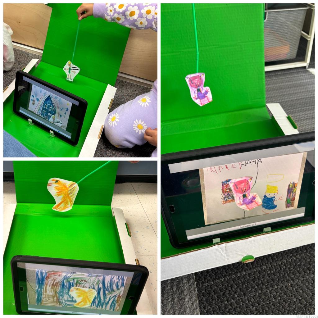 A collage of photos showing students holding up drawn characters on paper with a string in front of a green screen, showing on a tablet how the green screen is used to portray a background