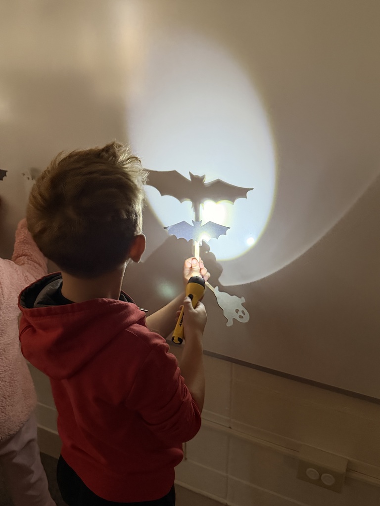 Students make shadows around the room using paper and flashlights